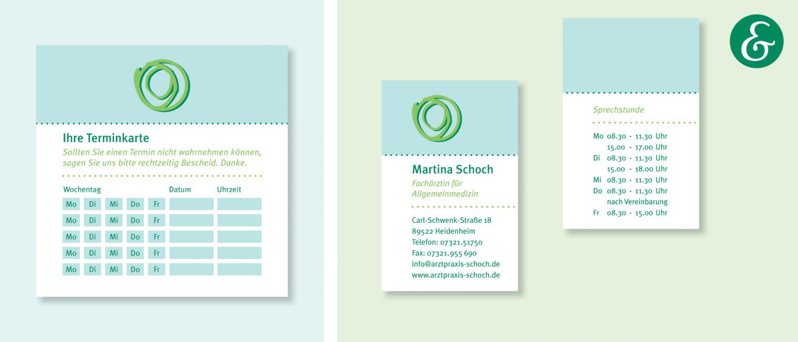 Bild von Visitenkarten und Terminkarten der Arztpraxis Schoch