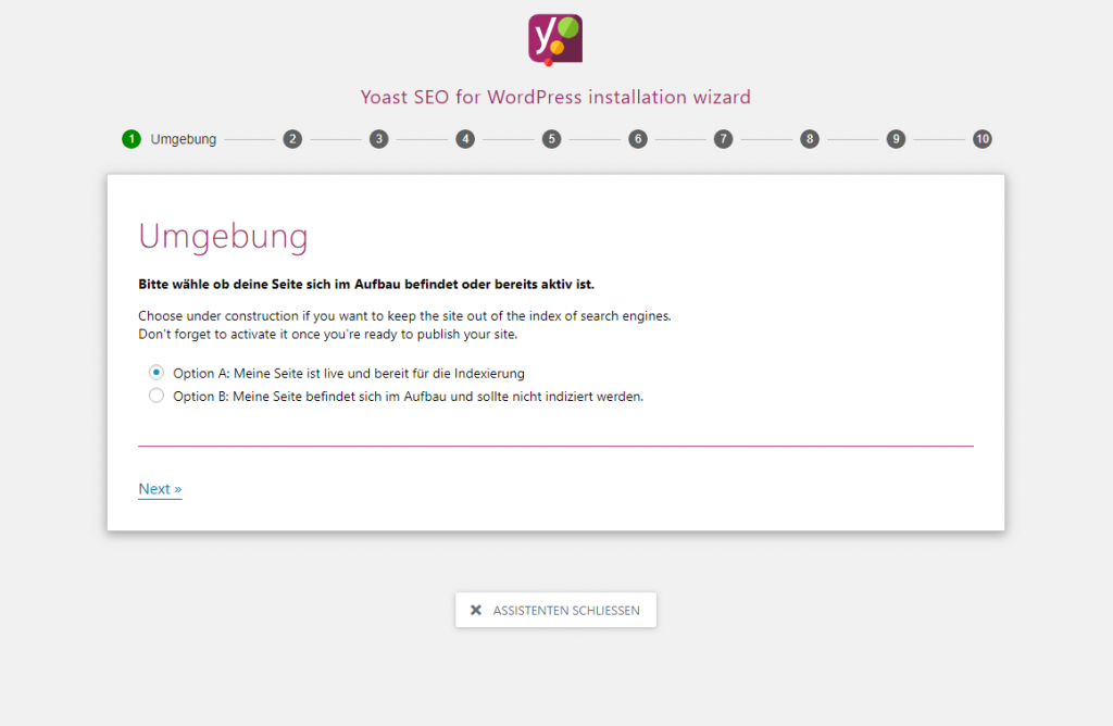 Bild von Yoasts Konfigurationsassistent, Schritt 1