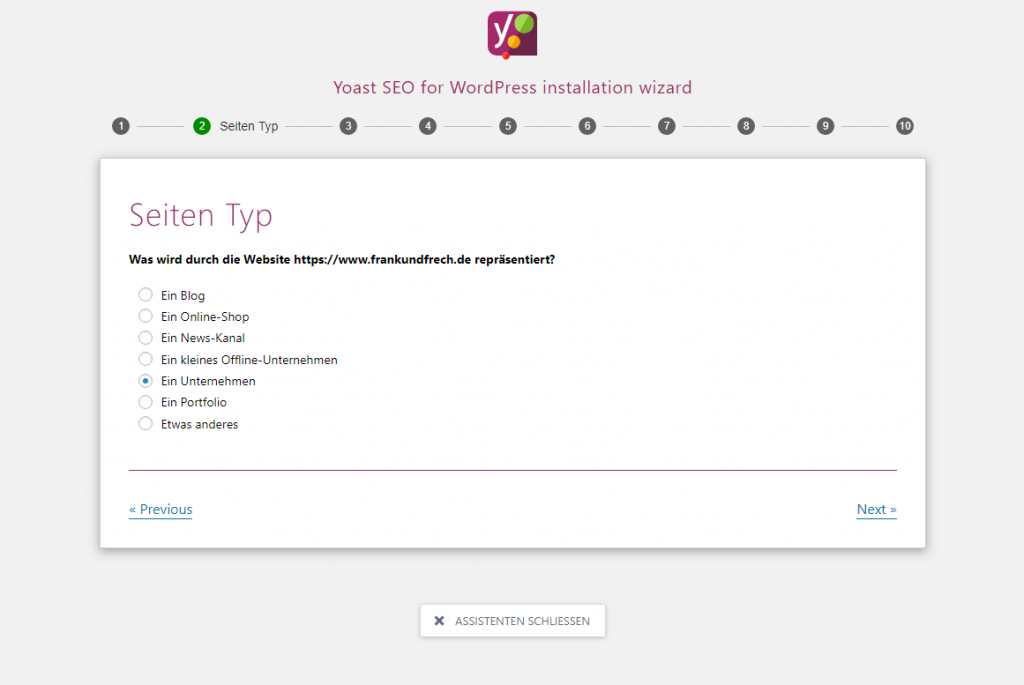 Bild von Yoasts Konfigurationsassistent, Schritt 2